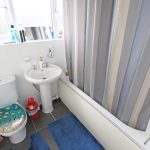 Small bathroom with shower and blue rug.