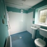 Accessible bathroom with blue walls and shower