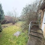 Country garden view with overgrown plants and stone steps.