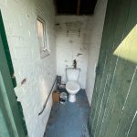 Old brick toilet with peeling paint and wooden door.