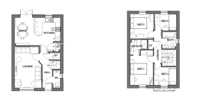 Two-storey house floor plan with four bedrooms.