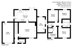 Four-bedroom house floor plan with measurements.