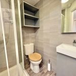 Modern bathroom with shower and sink.