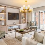 Modern living room with elegant decor and lighting.