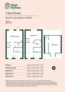 Three-bedroom house floor plan and dimensions.