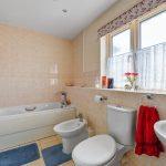 Modern bathroom with bath, bidet, and red towel.