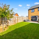 Sunny garden with tree and patio furniture.