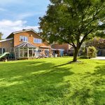 Spacious garden with patio and large tree.