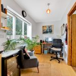 Cosy home office with desk and chair.