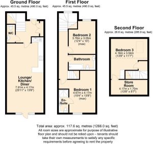 Three-storey house floor plan with measurements.
