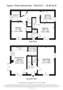 Two-storey house floor plan with dimensions.