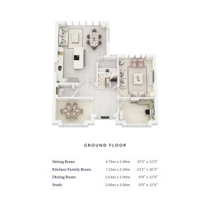 3D ground floor layout with room dimensions.