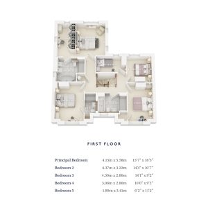 First floor layout with five bedrooms and bathrooms.
