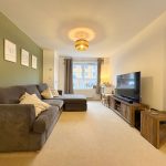 Modern living room with grey sofa and TV.