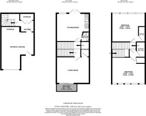 Three-floor townhouse floor plan with measurements.